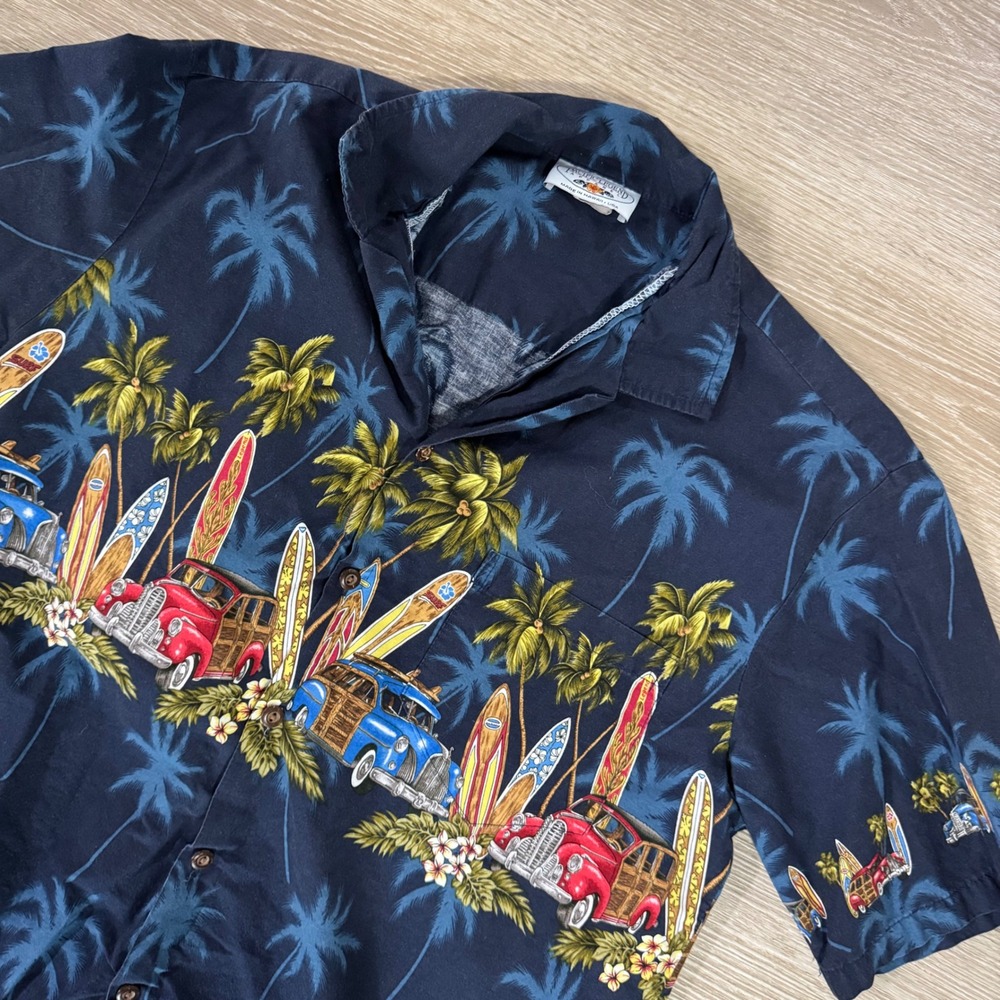 Vtg Pacific Legend Hawaiian Shirt Mens L Blue Woodie Car Surfboard Palm Tree